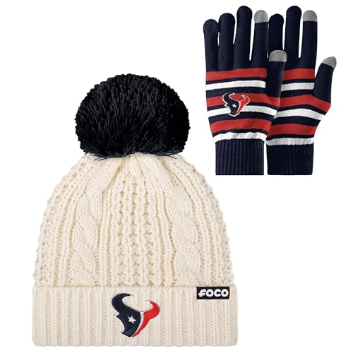 FOCO Houston Texans NFL Stretch Gloves & Primary Logo White Cable Knit Pom Beanie - Bundle