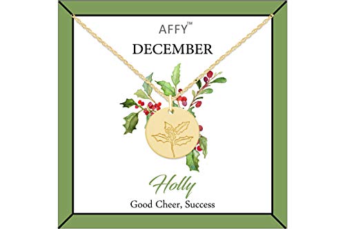 AFFY December Birth Month Holly Flower Disc Pendant Necklace 18K YG Plated