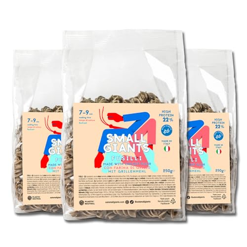SMALL GIANTS®|Proteinpasta (4x250gr) mit Grillenmehl, Insekt essebare, 22GR PROTEIN und 10GR BASER pro 100GR Fusilli, Vollkornpasta, low carb high protein, Made in Italy
