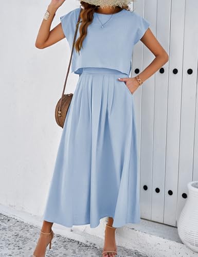 Image of Mingzhu Womens 2 Piece Outfits Skirt Set Summer Casual Cap Sleeve Crop Tops Maxi Dress Sets with Pockets