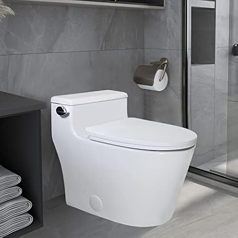 WinZo WZ5081 Elongated One Piece Toilet Low Profile, High Efficiency Side Flush 1.28 GPF with Soft Close Seat White Cover