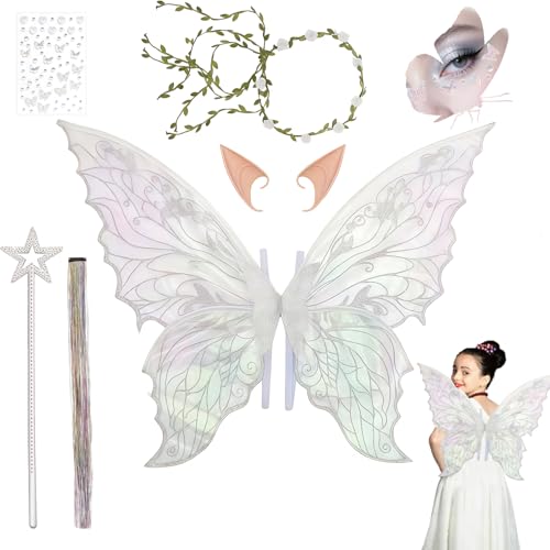 5 Pièces Ailes de Fée Adulte,Ensemble Complet Fée avec Ailes de Papillon Oreilles d'Elfe Bandeau Et Baguettes de Étoile,pour Costume de Fée,Deguisement...