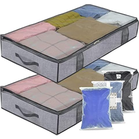 MYA 2Pcs 90L Foldable under bed storage, 2 Ways Zip Closure, With 3 Zip Lock Bags, Breathable With Transparent Window, Under Bed Storage Box With Lid, Bedding Storage, Pull Handles On All Sides, Grey Cover