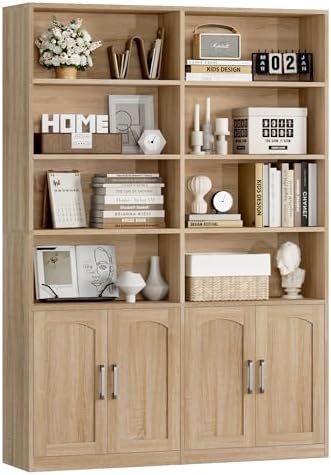 FACBOTALL Bookshelf and Bookcase with Doors, 6 Tier Double Wide L...