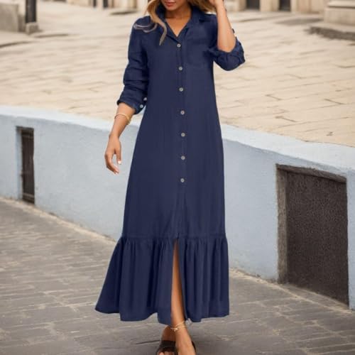 Short Sleeve Collared Denim Maxi Dress for Women Button Up Jean Tiered Long Dresses Loose A-Line Pleated Dress2