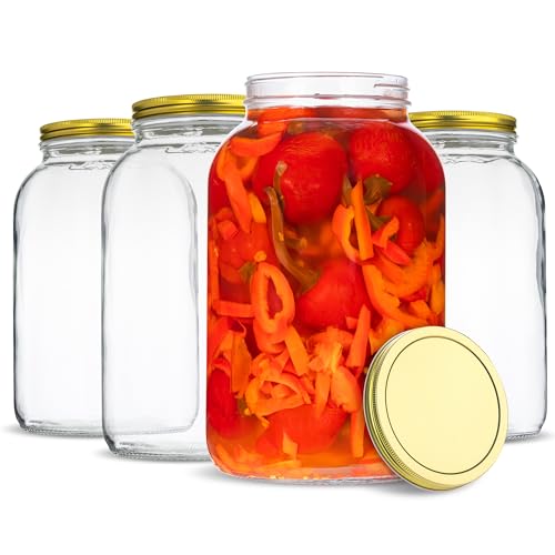 kitchentoolz Tarro grande de vidrio de 1 galón de boca ancha con tapas herméticas de metal (paquete de 4) – Fermentación Kombucha Kefir Kimchi – Almacenamiento de conservas de encurtido – Tapas