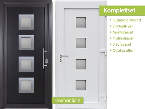 kuporta Haustür Komplett-Set - Eingangstür Haustüre aus Kunststoff Modell: Rimini, 98 x 200 cm, DIN rechts, außen anthrazit & innen weiß mit Stoßgriff-Set, Montageset, Fugendichtband