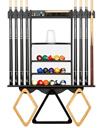 Extcct Billiards Pool Cue Rack, Pool Stick Holder Wall Mount Holds 8 Cues And Pool Table Chalk Equipment Accessories, Oak Solid Wooden Billiard Cue Rack For Game Room Club Or Men Cave（Black Color） #TOP4