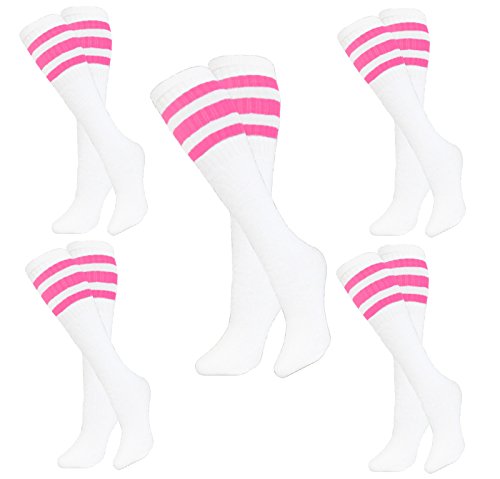 STRIPE TUBE SOCKS - MULTICOLOR 4- PAIRS 22" INCHES LONG WHITE WITH PINK, ROYAL BLUE, RED OR MEDIUM BLUE,4