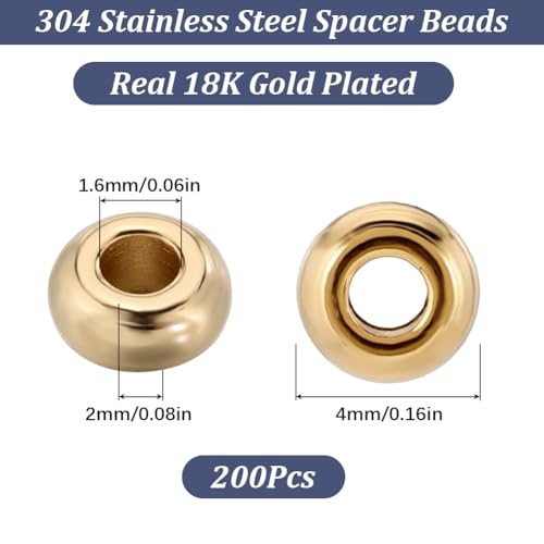 SUNNYCLUE 1 Box 200Pcs Real 18K Gold Plated Stainless Steel Beads 4mm Mini Spacer Beads Golden Metal Bead Spacers Bulk Rondelle Seamless Ball Bead Loose Spacer Beads for Jewellery Making Beading Kits - Image 2