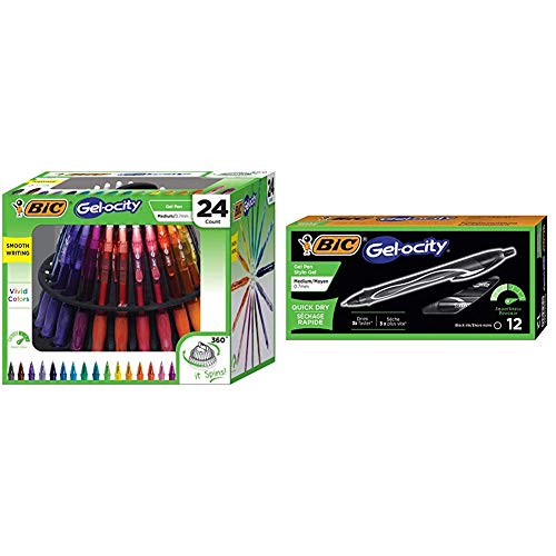 BIC Gel-Ocity Gel Pen Spinner, Medium Point Rectractable Gel Pens (0.7mm), Assorted Colors, 24-Count & Gel-Ocity Quick Dry Gel Pens, Medium Point Retractable (0.7mm), Black Ink Gel Pen, 12-Count