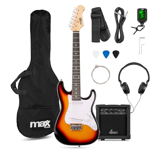 Max GigKit Junior 3/4 - Kinder E Gitarre Set, E Guitar, Elektrogitarre mit Verstärker 20 Watt, Tasche, Plektrum, Kopfhörer, Gurt, Stimmgerät, Kabel, Saiten, Electric Guitar, E Gitarren Set - Sunburst