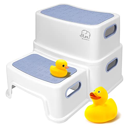 Image of Forbena Kids Step Stool for Bathroom, Two Stepping Stool for Toddlers Toilet Potty Training, Sturdy Children Plastic Step Stool for Bed Bathroom Kitchen Counter Sink (White-Blue)