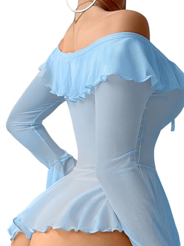 Image of Foxiny Sheer Ruffle Long Sleeve Babydoll Lingerie Dress | Off-shoulder neckline, flared cuffs and a flounce hem add movement; thong and thigh-high stockings complete the 3-piece set