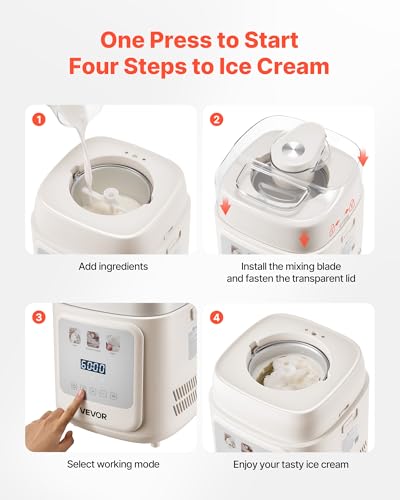 VEVOR automatische Eismaschine mit eingebautem Kompressor 1 L kein Vorgefrieren, Gelato und Ice Cream Maker mit 4 Modi, elektrischer Eismaschine Frozen Yogurt Sorbet Maker Weiß