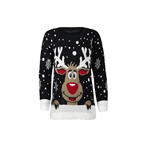 Divadames®Women's Reindeer Jumper Ladies Christmas Reindeer Print Jumper Womens Snowflakes Print Sweater UK Black 12/14 Cover