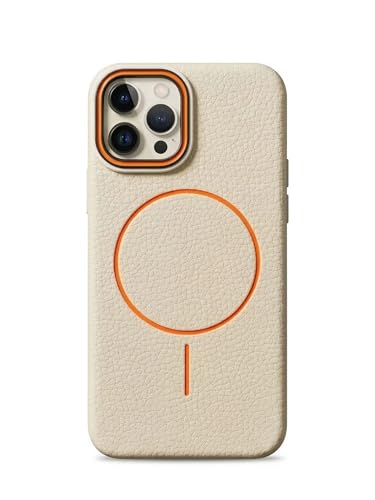 Image of amazon basics Luxury MagSafe Compatible Leather Texture Back Cover for iPhone 16 Pro | Raised Camera Protection | Slim Fit Shockproof Case with Metallic Accents (White)