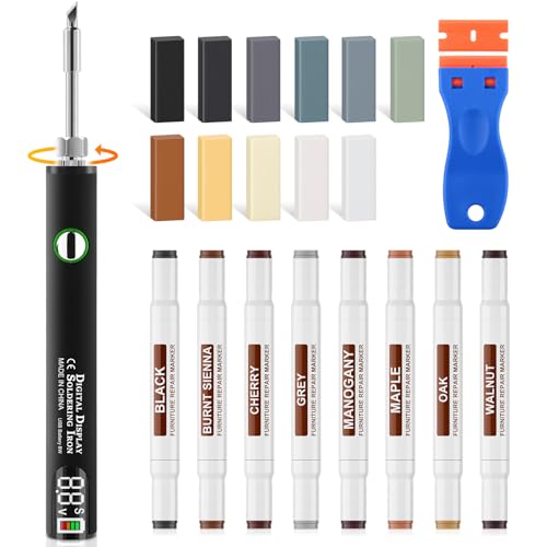 Kit de réparation pour vinyle, stratifié, parquet, mastic vinyle gris 11 blocs de cire 8 marqueurs à double pointe Mise à niveau USB stylo chauffant pour...