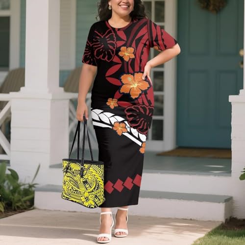 Image of Puletasi Samoan Traditional 2 Piece Outfits for Women Short Sleeve Crop Top and Maxi Skirt Sets Puletasi Dress