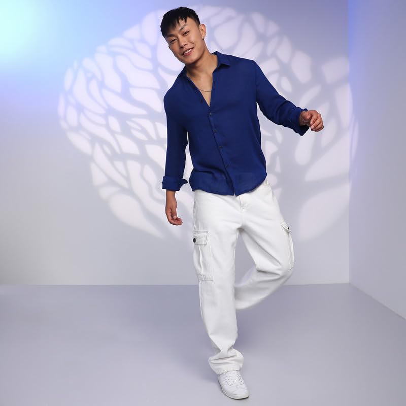 Image of CAHOOT Men's Veined-Textured Shirt | Casual Wear | Spread Collar | Long Sleeve | Button Closure | Shirt Crafted with Comfort Fit for Everyday Wear