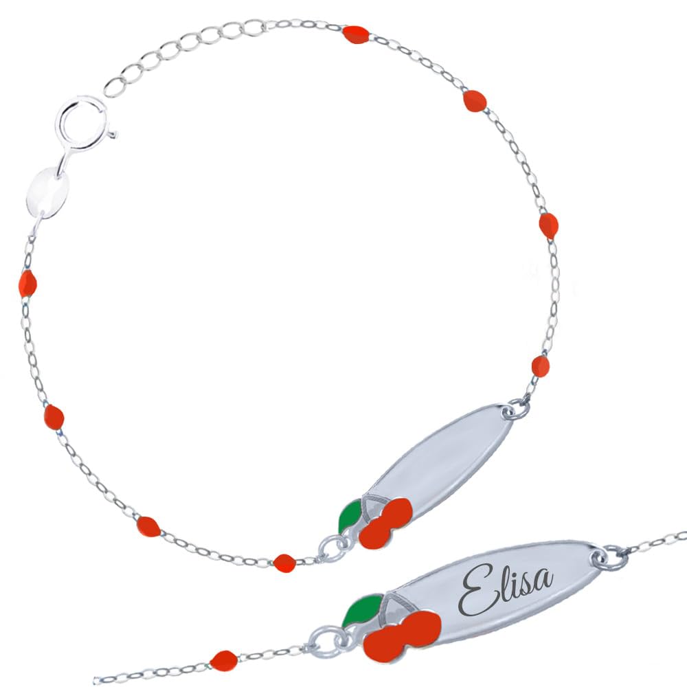 Sakrami Bracciale Rosary in Argento 925 + Piastrina Personalizzabile con Nome + Ciliegie Smaltate + Perline Colorate + Idea Regalo per Bambina per Nascita, Battesimo, Comunione e Compleanno
