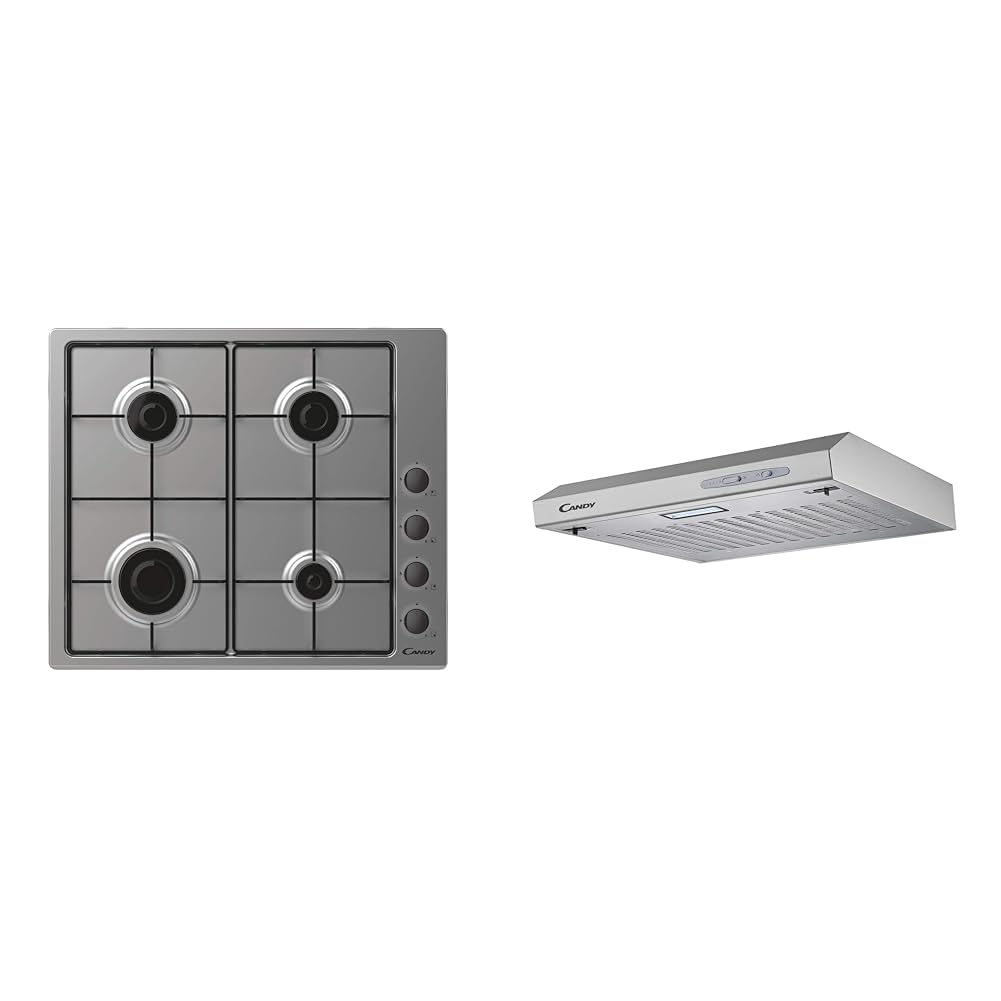 Candy Idea CHW6LBX/4U2, Placa de Gas, 4 Fuegos, 60CM, Gas Natural Adaptable a Gas Butano, 7,2KW de P & CFT610/5S/1 Campana Extractora, Montaje en la pared, 60 cm, 3 Niveles de Potencia, 209M3/H