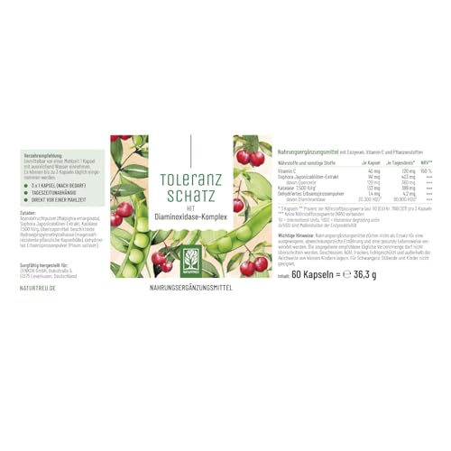 DAO Enzym Komplex mit Diaminoxidase aus Erbsen – 60 vegane DAO Kapseln – bei histaminreicher Ernährung – bis zu 60-Tage-Vorrat - NATURTREU® Toleranzschatz 4