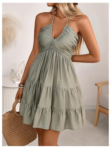 SOLY HUX Women's Summer Mini Dress Halter Backless Sleeveless A Line Ruffle Hem Flowy Cami Dresses Sundress3