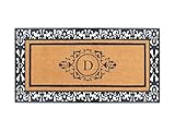 A1HC Natural Coir Doormat for Outside Entrance, Anti-Shed Treated Front Door Mat 30' x 60', Long Lasting Front Porch Entry Matt Monogrammed - D (Floral Black)