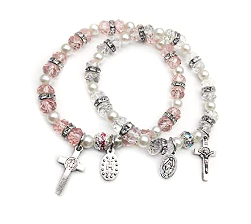 Caiyao Crystal Cross Bracelet Elastic Beads Stretch Rosary Bracelet With Crucifix And Miraculous Medal For Women cover