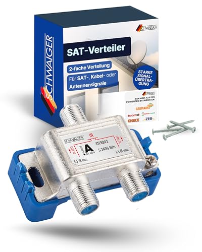 SCHWAIGER SAT-Verteiler 2-Fach I SAT-Splitter für SAT- Kabel- & Antennensignale I 5 dB Dämpfung I Signal-Verteiler mit Aluminium Druckguss Gehäuse I einfache Montage I ideal für Fernsehen und Radio