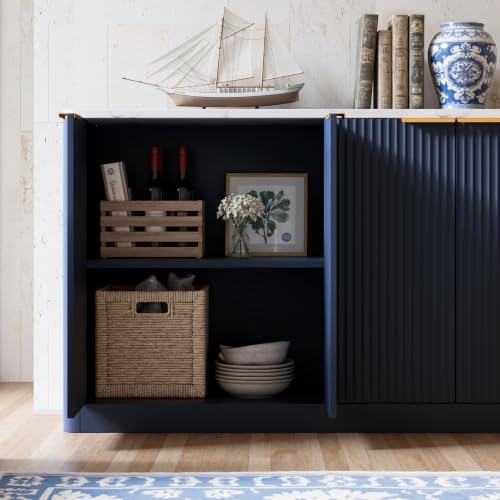 Image of Evermagin 67 inch Fluted Blue Buffet Cabinet Sideboard with Storage, Large Credenza with 6 Doors, Wood Mid Century Modern Sideboard for Kitchen and Living Room (67 inch*31.5 inch*15.7 inch)