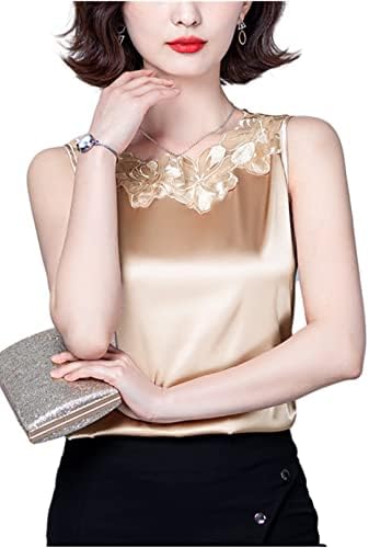 LQHHYLYX Ladies Lace Silk Satin Sleeveless Camisole Round Neck Commuter Shirt (Champagne-Color, Medium)