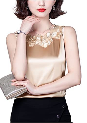 Lqhhylyx Ladies Lace Silk Satin Sleeveless Camisole Round Neck Commuter Shirt (Champagne-Color, Medium) #TOP7