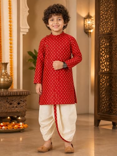 Image of superminis Boy's Cotton Kurta with Dhoti - Golden Thread Work, Solid Round Collar, Full Sleeves, Side Button Kurta Set for Ethnic Wear