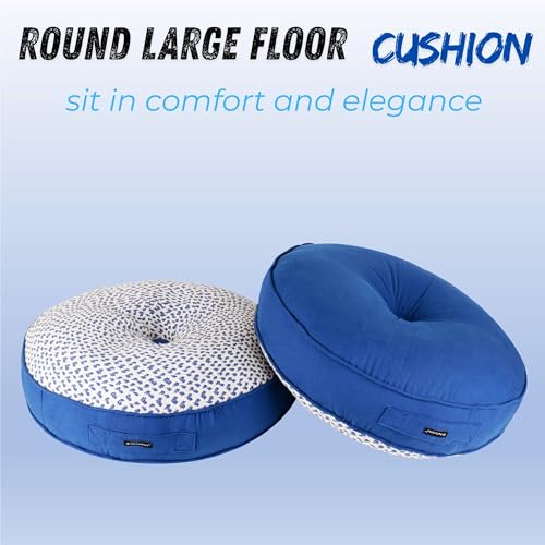 Image of Reversible 60x60x10 cm Woven Quilted Blue Floor Cushion with Cotton Filler for Seating, Patio Seat, Meditation, Yoga, Pooja, Guests, Living Room, Bedroom, Large Size 24x24x4 Inch
