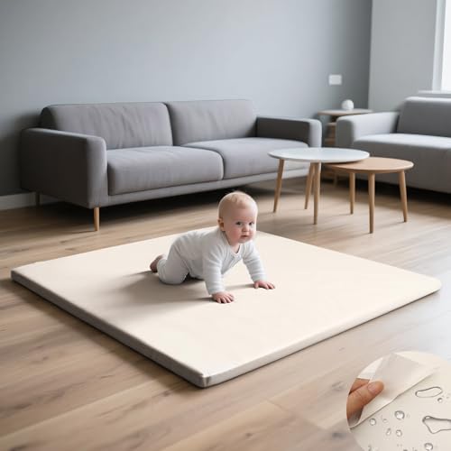 47 x 47 Play Mat Baby Foam 1.2Inch Thick, Waterproof Padded Playmat for Toddlers, Non-Toxic Soft Crawling Mat Kids, Washable Foldable Portable Vegan Leather Wipeable