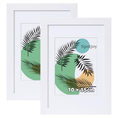 Spotjoy Bilderrahmen 10 x 15cm, 2er Set, MDF-Rahmen Holzrahmen mit Acrylglas Fotorahmen für Tisch- und Wandmontage Echtholz Passepartout Dokumentenrahmen Zertifikatsrahmen, Weiß