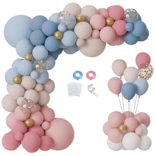 Image of Dusty Pink Blue Gold Sand White Gender Reveal Balloon Arch Kit Boho