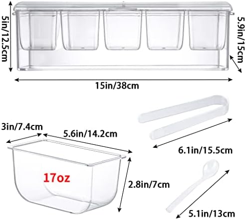 MOLIGOU Condiment Server on Ice, Chilled Caddy with 5 Removable Compartments, Chilled Serving Tray Container with Hinged Lid, 3 Serving Spoons and 3 Tongs Included