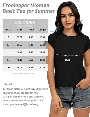 Freelooper Women's Short Sleeve Shirts Casual Crop Tops T-Shirts Plain Crew Neck Tee Trendy Basic Cap Tops For Teen Girls, Black, L #TOP4