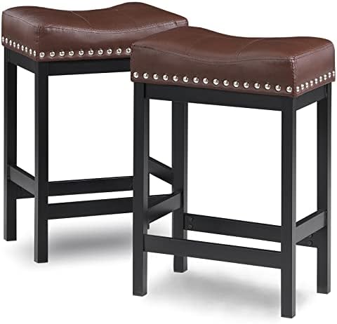 OUllUO Brown Bar Stools Set of 2, 24 in Counter Height Kitchen Stools,Leather Saddle Stools for Kitchen Counter, Industrial Backless Barstools with Nailhead for Island, Dining,Pub, Black Metal,918BR