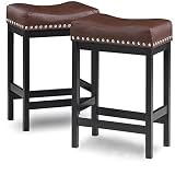 OUllUO Brown Bar Stools Set of 2, 24 in Counter Height Kitchen Stools,Leather Saddle Stools for Kitc