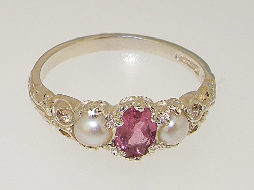 925 Sterling Silver Real Genuine Pink Tourmaline & Cultured Pearl Womens Trilogy Engagement Ring - Size 6 #TOP4