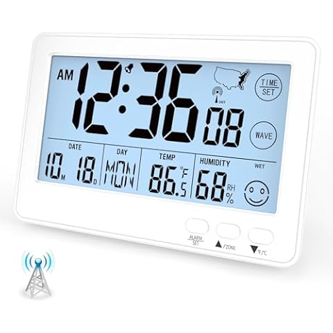 Small Desk Atomic Alarm Clock for Bedroom, Self-Calibrating Time and Date Clock with 4 Time Zone, DST, Temperature, Humidity, Alarm and Snooze for Children's Bedroom, School Cover