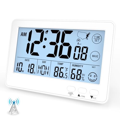 Small Desk Atomic Alarm Clock for Bedroom, Self-Calibrating Time and Date Clock with 4 Time Zone, DST, Temperature, Humidity, Alarm and Snooze for Children's Bedroom, School