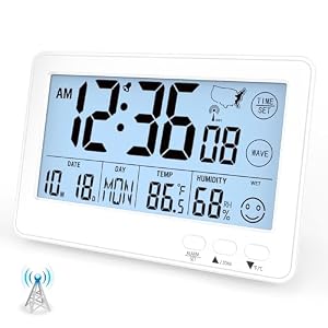 Small Desk Atomic Alarm Clock for Bedroom, Self-Calibrating Time and Date Clock with 4 Time Zone, DST, Temperature, Humidity, Alarm and Snooze for Children’s Bedroom, School