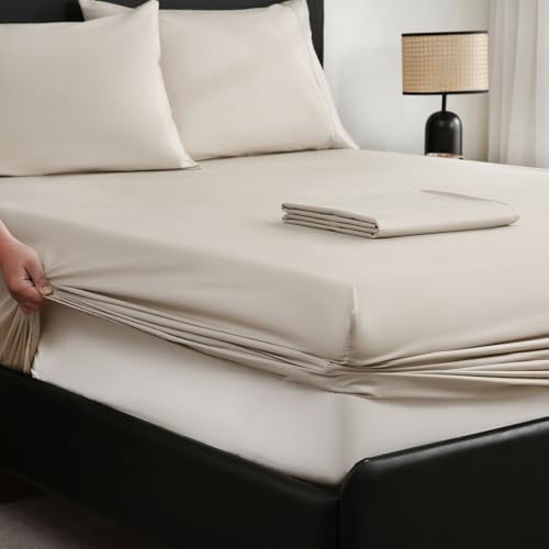 MEISHANG Extra Deep Pocket California King Sheets Cotton - 1000 Thread Count Sheets -Fits 18"-24" in Deep Mattress,100% Egyptian Cotton,Sateen Weave, Soft & Breathable - 4 Piece (Cal King, Linen)