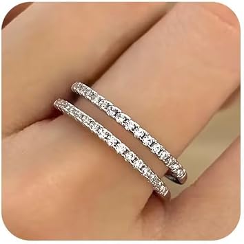 SUKKCCNO Luxurious 925 Sterling Silver Double Band Ring for Women, Pave Cubic Zirconia Simulated Diamond Stackable Ring, Elegant Statement Jewelry Gift 9