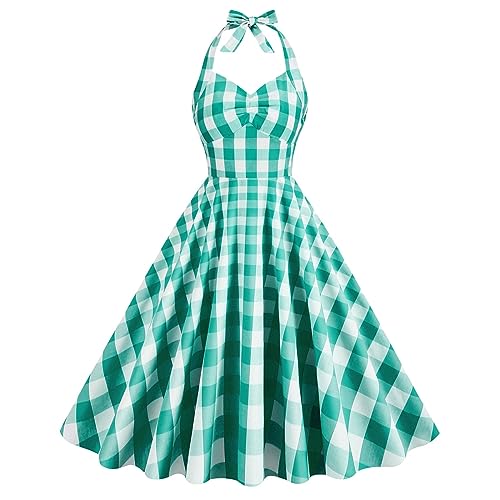 Robe rockabilly des années 1950 verte à carreaux pour cocktail taille M